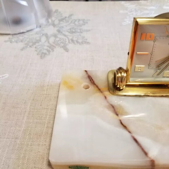 Vintage Brass Royal Elbro Desk Clock w/ Carrara Marble Base Italy - Works - Picture 3 of 6